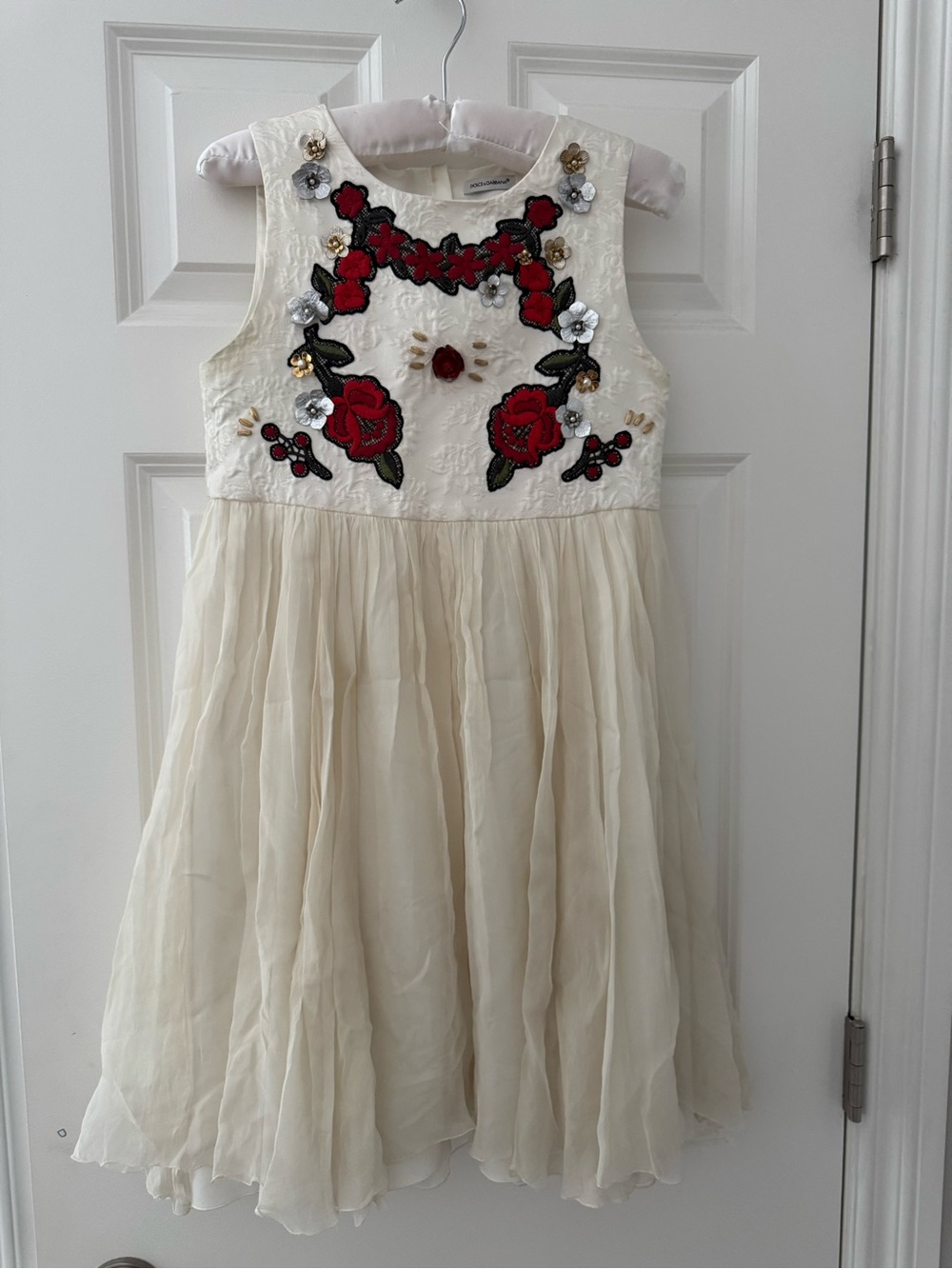 Dolce and Gabbana Embroidered Ivory Floral Girls' Dress with Red Accents
